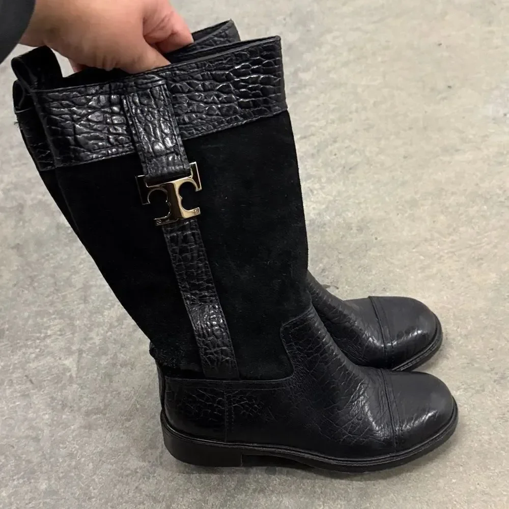 Tory Burch Black Leather and Suede Moto Boots